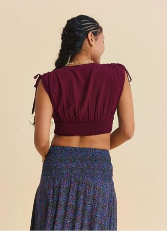 Derin V Yaka Beli Gipeli Bordo Crop Bluz