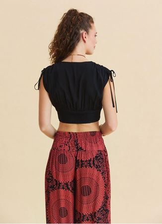 Derin V Yaka Beli Gipeli Siyah Crop Bluz
