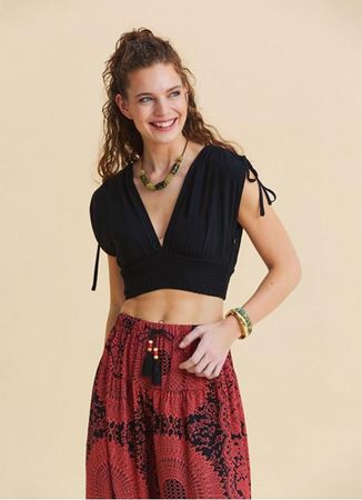 Derin V Yaka Beli Gipeli Siyah Crop Bluz