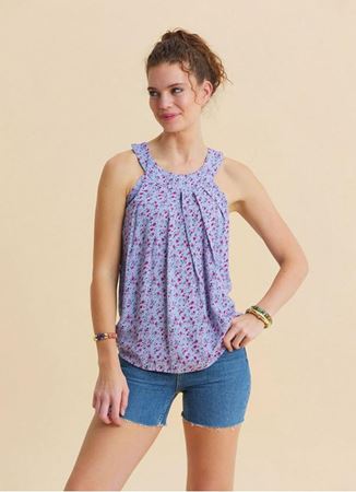 Halter Yaka Düğme Detaylı Pileli Lila Çiçekli Bluz