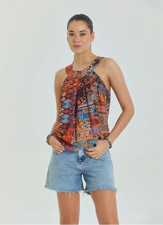 Halter Yaka Düğme Detaylı Pileli Turuncu Otantik Bluz
