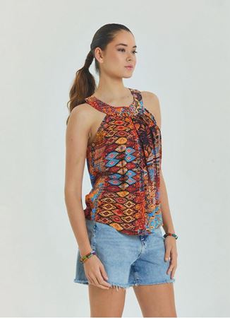 Halter Yaka Düğme Detaylı Pileli Turuncu Otantik Bluz