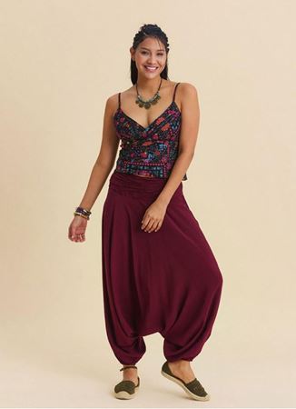 Drape Bel Paçası Lastikli Bordo Kadın Yazlık Pantolon