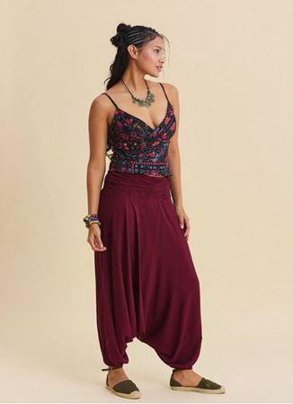 Drape Bel Paçası Lastikli Bordo Kadın Yazlık Pantolon