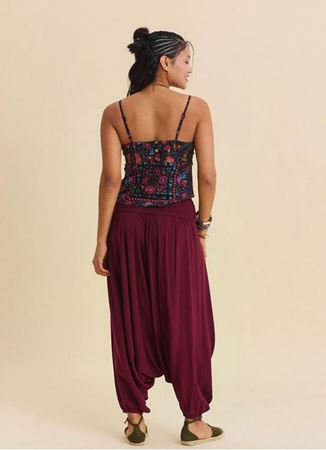 Drape Bel Paçası Lastikli Bordo Kadın Yazlık Pantolon