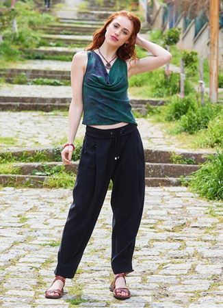 Bağcıklı Bel Cepli Bol Kesim Siyah Kadın Otantik Şalvar Pantolon