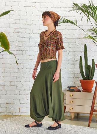 Drape Detay Beli Lastikli Haki Şalvar Pantolon