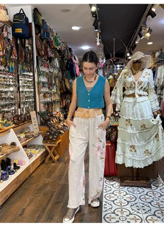 İtalyan Keten Pantolon Çiçekli