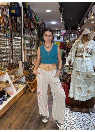 İtalyan Keten Pantolon Çiçekli