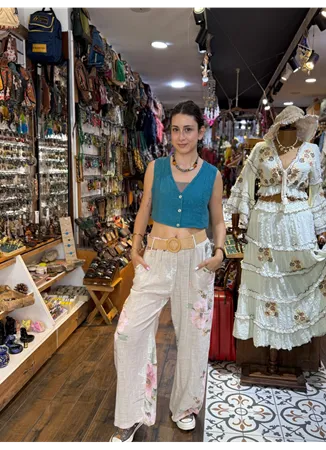 İtalyan Keten Pantolon Çiçekli