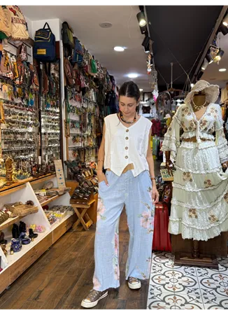 İtalyan Keten Pantolon Çiçekli