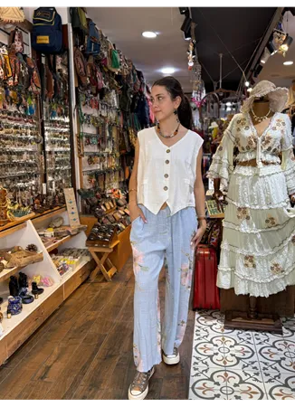 İtalyan Keten Pantolon Çiçekli