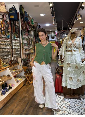 İtalyan Keten Pantolon Çiçekli