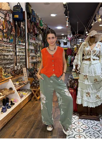 İtalyan Keten Pantolon Çiçekli