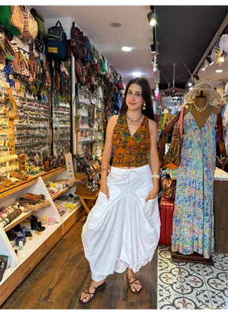 Bohem Tarz Beli Bağcıklı Cepli Beyaz Uzun Etek