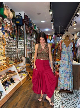 Otantik Beli Bağcıklı Cepli Uzun Kırmızı Etek