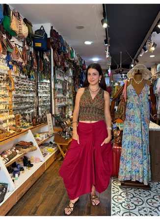 Otantik Beli Bağcıklı Cepli Uzun Kırmızı Etek