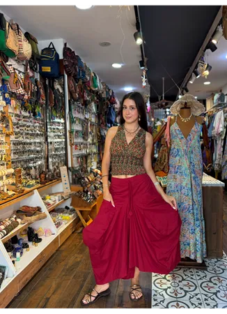 Otantik Beli Bağcıklı Cepli Uzun Kırmızı Etek