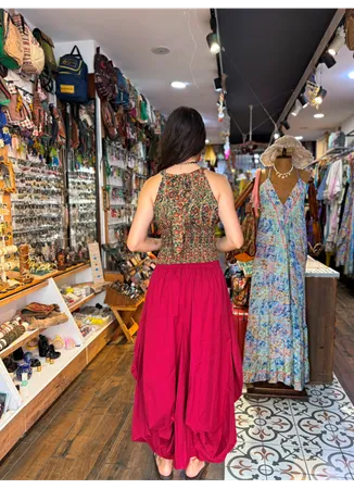 Otantik Beli Bağcıklı Cepli Uzun Kırmızı Etek