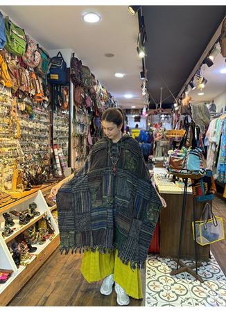 Dokuma Pamuk Kapüşonlu Panço