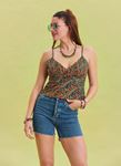 Çiçek Desenli İnce Askılı Ayarlanabilir Yeşil Crop Bluz 