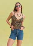 Çiçek Desenli İnce Askılı Ayarlanabilir Yeşil Crop Bluz 