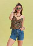 Çiçek Desenli İnce Askılı Ayarlanabilir Yeşil Crop Bluz 