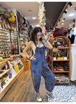 Patcwork Düz Paça Tulum Mavi