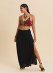 Drape Detaylı Yırtmaçlı Siyah Bohem Etek 