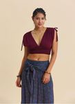 Derin V Yaka Beli Gipeli Bordo Crop Bluz