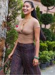 Kruvaze Yaka Kısa Kollu Kahve Crop Bluz
